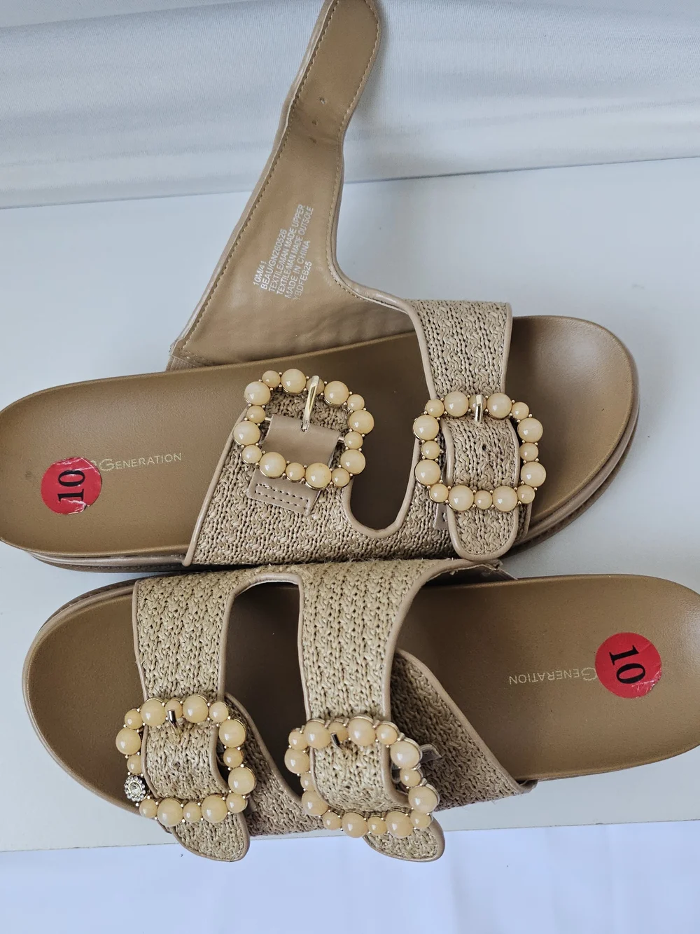 BCBGeneration Beau Raffia Beaded Buckle Slide Sandals - Size 10